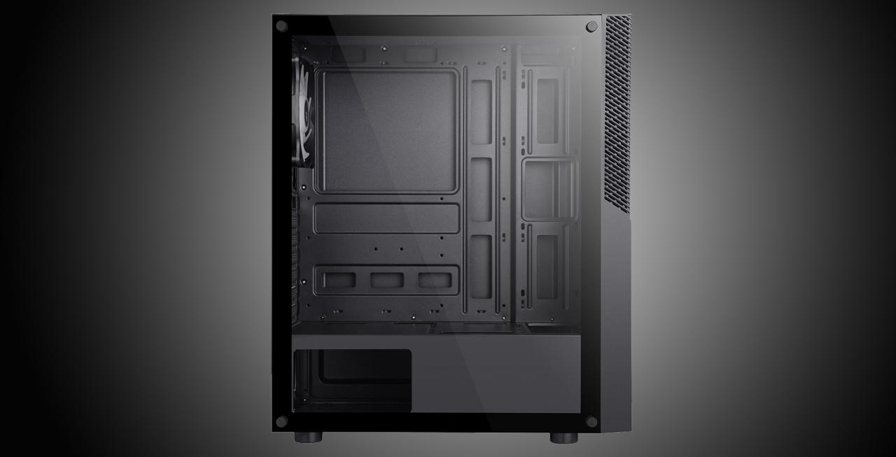 A SAMA Line 3 ATX Mid Tower Computer Case has the tempered glass panel facing front